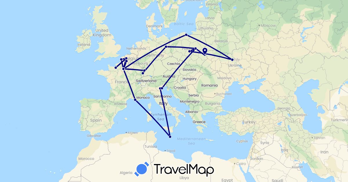 TravelMap itinerary: driving in Germany, France, Italy, Malta, Poland, Ukraine (Europe)